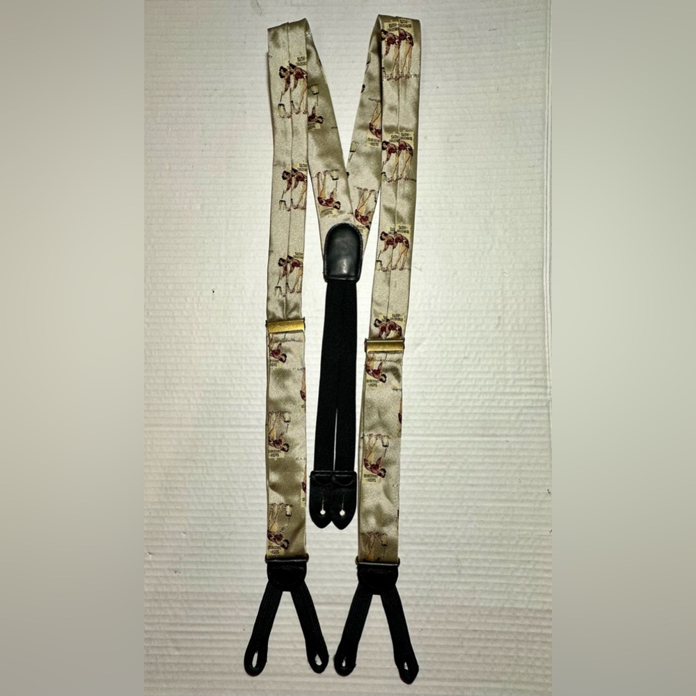 Cole Haan Suspenders Made In USA Beige Pin-up Woman Slow Curves Ahead Rare 50in. - Picture 7 of 13